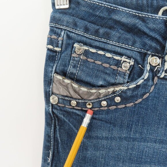 LA Idol Junior 5 Bootcut Boot Dark Whiskered Rhinestone Jeans Denim Low Rise - Picture 3 of 14